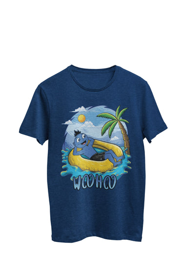 WooHooBerry savoring a relaxed outdoor sport tubing experience, with the word 'WooHoo' elegantly displayed on the navy T-shirt. Capturing the leisurely and joyful spirit of the activity.